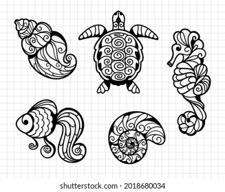Underwater clip art with seashell, goldfish and seahorse. Sea and ocean life. Silhouette vector flat illustration. Cutting file. Suitable for cutting software. Cricut, Silhouette