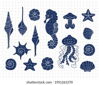 Underwater clip art with seashell, jellyfish and seahorse. Sea and ocean life. Silhouette vector flat illustration. Cutting file. Suitable for cutting software. Cricut, Silhouette