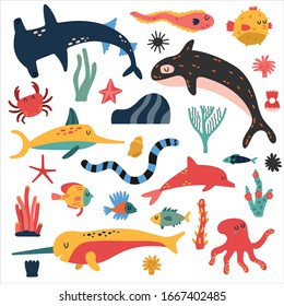 Underwater collection set with coral reefs, 
dolphin, sea eel, jellyfish, orca and different fishes isolated on white background.
Set of vector sea animals for children's ornament. Simple illustration