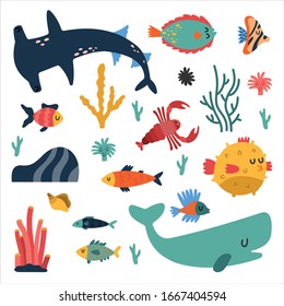 Underwater collection set with coral reefs, 
whale, lobster, shark and different fishes isolated on white background.
Set of vector sea animals for children's ornament. Simple illustration