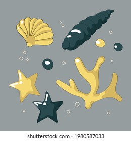 Underwater Collection Set. Vector Illustration. Doodle, comic, hand drawn. Starfish, coral, shells.