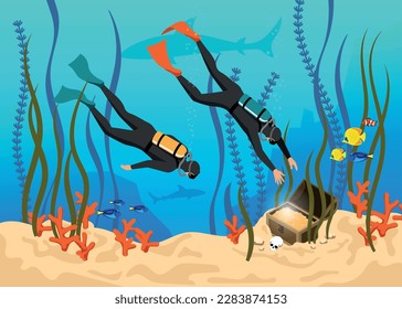 Underwater colored isometric vector illustration with two scuba divers diving for treasure box