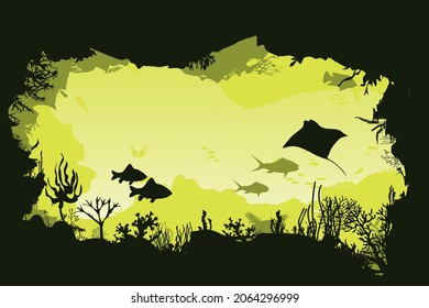 Underwater colorful world, fish, reefs and algae. Vector