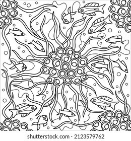 Underwater Coloring Book Page For Adult . Hand Drawn Fish And Algae Seaweed , Undersea World. Square Vector Illustration.