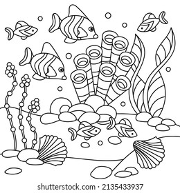 Página del libro de colorantes subacuáticos para niños adultos y mayores. Pescado y coral, algas marinas, bajo el mar. Ilustración vectorial.