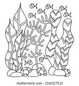 Underwater Coloring Book Page For Adult And Older Children. Ocean Or Aquarium . Hand Drawn Square Vector Illustration On White Background.