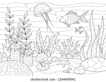 Underwater coloring graphic sea black white sketch illustration vector