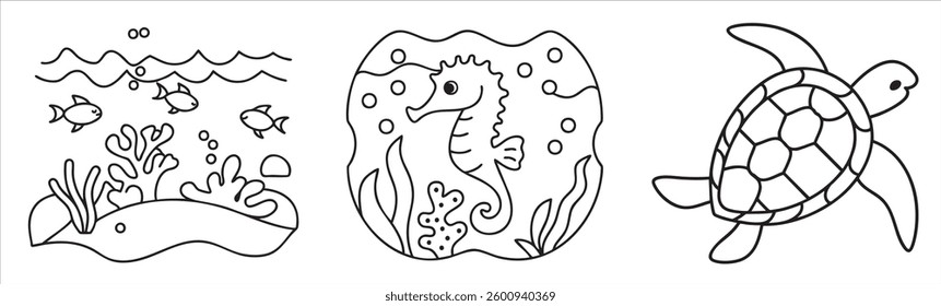 Underwater coloring illustration featuring fish, seahorse, and turtle.