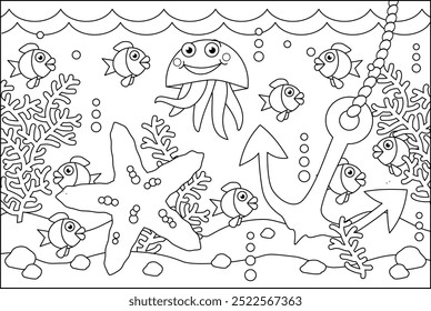 Underwater coloring page with anchor and sea life scene
