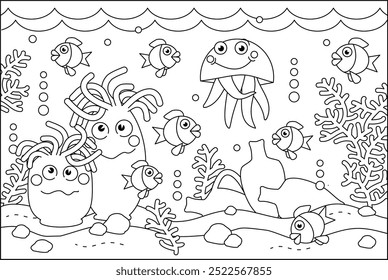 Underwater coloring page with anemones, sunken amphorae, jellyfish and sea life scene
