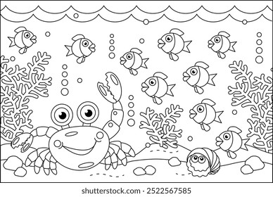 Underwater coloring page with crab and sea life scene
