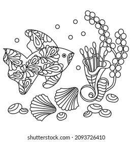 Underwater coloring page. Vector Fish and seaweed. Hand drawn illustration in liner style.