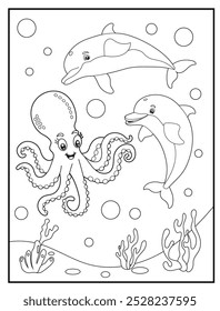 Underwater coloring pages featuring a cute dolphin and an octopus playing with water bubbles, children's coloring books, and educational materials.