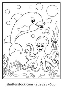 Underwater coloring pages featuring a cute dolphin and an octopus playing with water bubbles, children's coloring books, and educational materials.