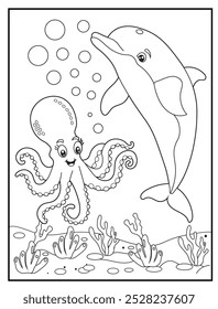 Páginas de coloração subaquática com um golfinho bonito e um polvo brincando com bolhas de água, livros de coloração para crianças e materiais educativos.