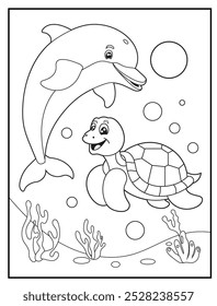 Underwater coloring pages featuring a cute dolphin and a turtle playing with water bubbles, children's coloring books, and educational materials.