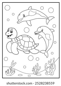 Underwater coloring pages featuring a cute dolphin and a turtle playing with water bubbles, children's coloring books, and educational materials.