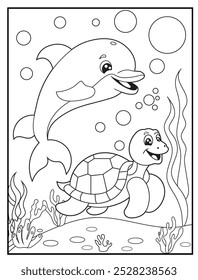 Underwater coloring pages featuring a cute dolphin and a turtle playing with water bubbles, children's coloring books, and educational materials.