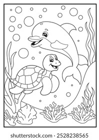 Underwater coloring pages featuring a cute dolphin and a turtle playing with water bubbles, children's coloring books, and educational materials.