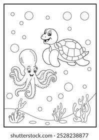 Underwater coloring pages featuring a cute turtle and an octopus playing with water bubbles, children's coloring books, and educational materials.