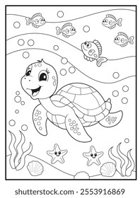 underwater coloring pages for kids. Children's coloring books with cute turtle  cartoon character. Black and white printable fun and educational activity sheet for kindergarten.
