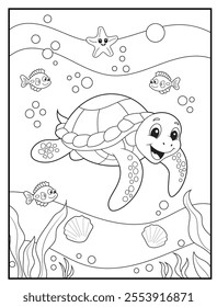 underwater coloring pages for kids. Children's coloring books with cute turtle  cartoon character. Black and white printable fun and educational activity sheet for kindergarten.
