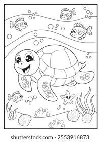 underwater coloring pages for kids. Children's coloring books with cute turtle  cartoon character. Black and white printable fun and educational activity sheet for kindergarten.
