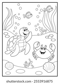 underwater coloring pages for kids. Children's coloring books with cute turtle  cartoon character. Black and white printable fun and educational activity sheet for kindergarten.
