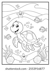 underwater coloring pages for kids. Children's coloring books with cute turtle  cartoon character. Black and white printable fun and educational activity sheet for kindergarten.
