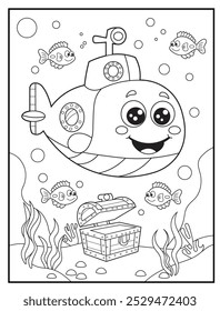 Underwater coloring pages for kids. A cute submarine exploring underwater. children's coloring books, fun and educational materials.
