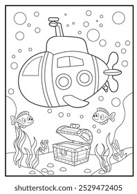 Underwater coloring pages for kids. A cute submarine exploring underwater. children's coloring books, fun and educational materials.
