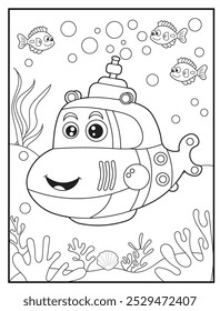 Underwater coloring pages for kids. A cute submarine exploring underwater. children's coloring books, fun and educational materials.
