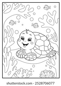 Underwater coloring pages for kids, including a cheerful turtle relaxing among coral branches, children's coloring books, and educational materials.
