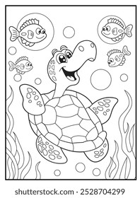 Underwater coloring pages for kids. A joyful turtle blowing bubbles in the water. children's coloring books, and educational materials.
