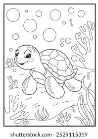 Underwater coloring pages for kids. A joyful turtle swimming near the ocean surface. children's coloring books, fun and educational materials.
