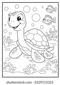 Underwater coloring pages for kids. A joyful turtle swimming near the ocean surface. children's coloring books, fun and educational materials.
