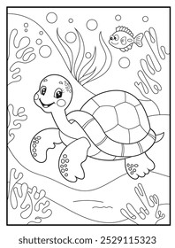 Underwater coloring pages for kids. A joyful turtle swimming near the ocean surface. children's coloring books, fun and educational materials.
