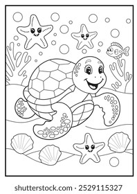 Underwater coloring pages for kids. A joyful turtle swimming near the ocean surface. children's coloring books, fun and educational materials.
