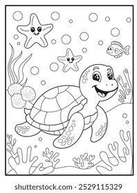 Underwater coloring pages for kids. A joyful turtle swimming near the ocean surface. children's coloring books, fun and educational materials.
