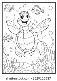 Underwater coloring pages for kids. A playful turtle dancing through a forest of sea grass. children's coloring books, fun and educational materials.
