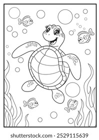 Underwater coloring pages for kids. A playful turtle dancing through a forest of sea grass. children's coloring books, fun and educational materials.

