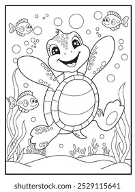 Dibujos para colorear bajo el agua para niños. Una tortuga juguetona bailando a través de un bosque de hierba marina. libros para colorear para niños, materiales divertidos y educativos.
