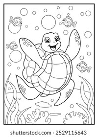 Underwater coloring pages for kids. A playful turtle dancing through a forest of sea grass. children's coloring books, fun and educational materials.

