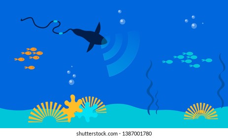 Underwater Communication Tools Flat Illustration. Futuristic Robotic Fish, Shark Transmitting Wifi Signal. Ocean, Sea Bottom Telecommunication Technologies. Hi-tech Bionic Marine Creature