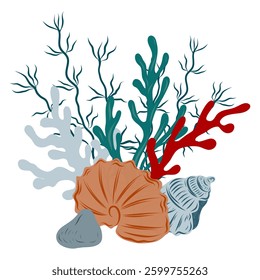 Underwater composition of coral reef, algae and seashell. Hand drawn underwater elements. Art of nautical elements