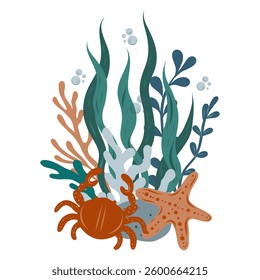 Underwater composition of coral reef, algae, seashell and crab. Hand drawn underwater elements. Art of nautical elements
