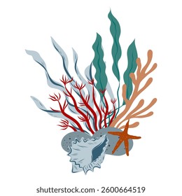 Underwater composition of coral reef, algae, seaweed and seashell. Hand drawn underwater elements. Art of nautical elements