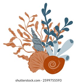 Underwater composition of coral reef, seaweed and seashell. Hand drawn underwater elements. Art of nautical elements