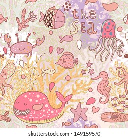 Underwater concept background with crab, fishes, whale, octopus, seahorse, corals and other marine elements. Seamless pattern can be used for wallpapers, pattern fills, web page backgrounds. 