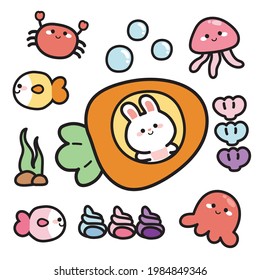 Underwater concept.Animal character design.Cute rabbit cartoon hand drawn.Isolated.Sticker.Kid graphic.Icon.Kawaii.Vector.Illustration.